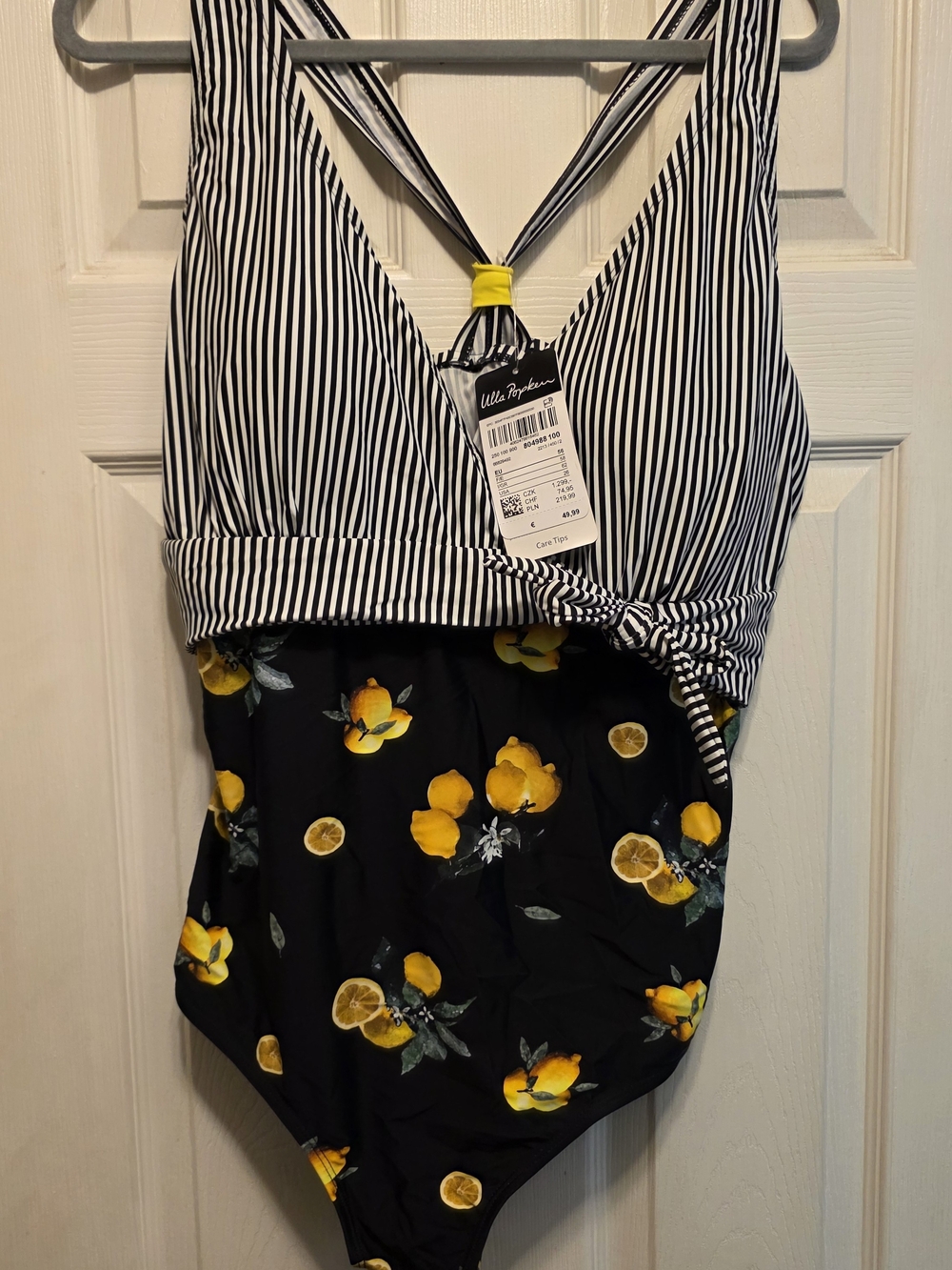 Ulla Popken,sz 26 NWT Black & White Striped One-Piece with Lemon Print
